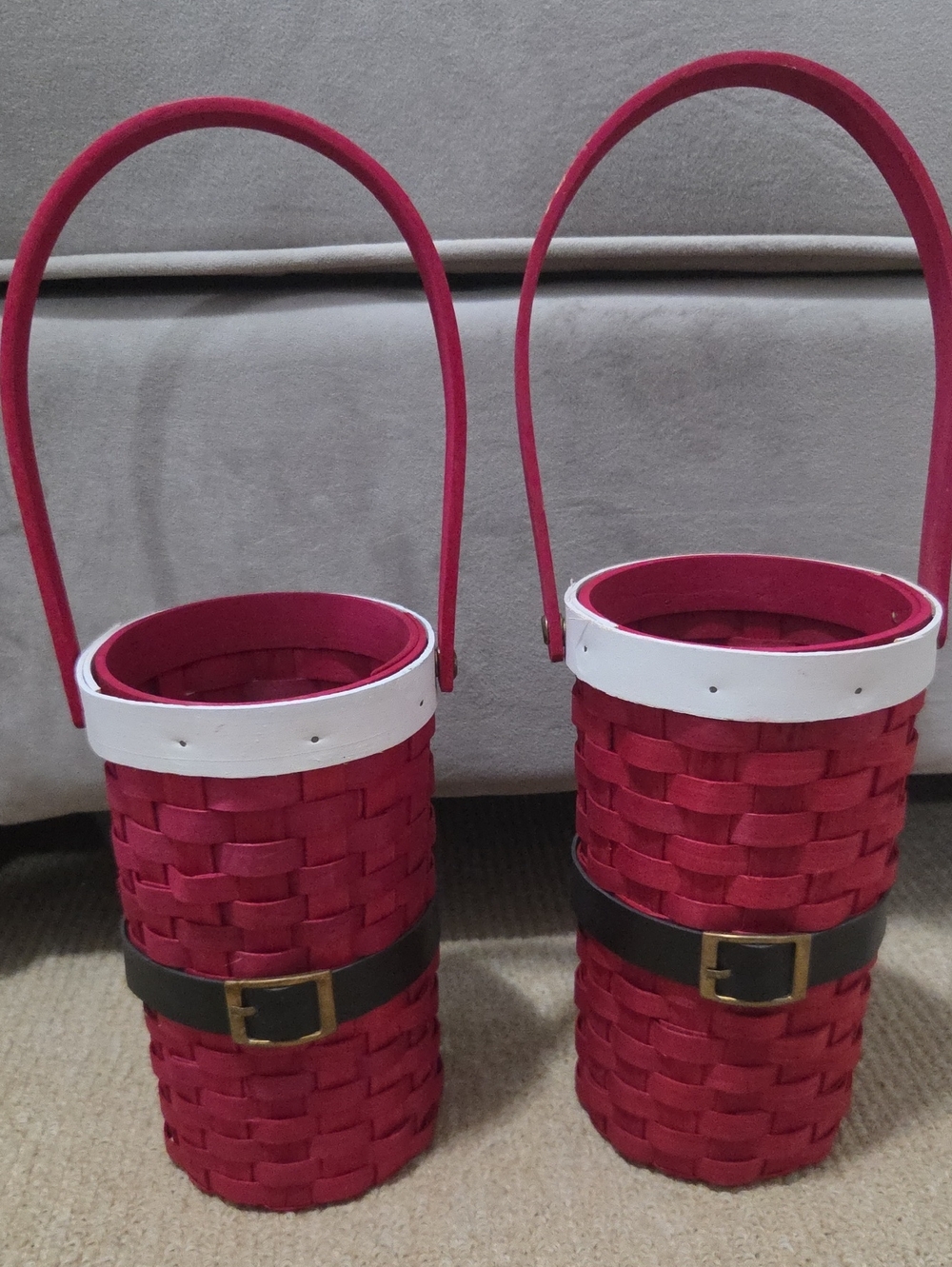Red Woven Holiday Basket Pair with White Trim, Santa Wine Basket, Gift Bag